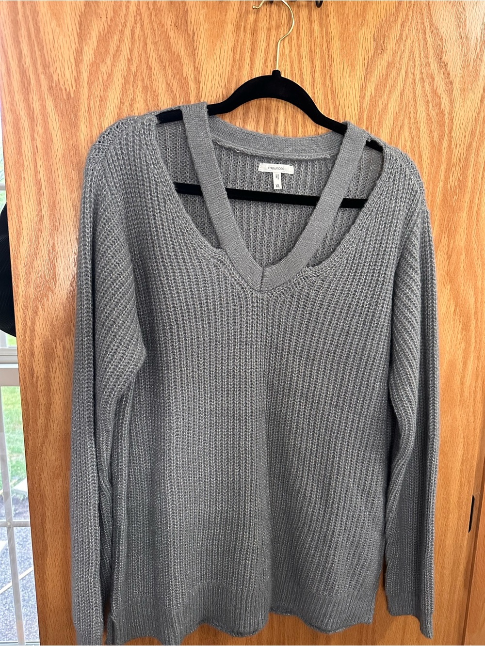 Maurices Gray V-Neck Knit Sweater with Strap Detail